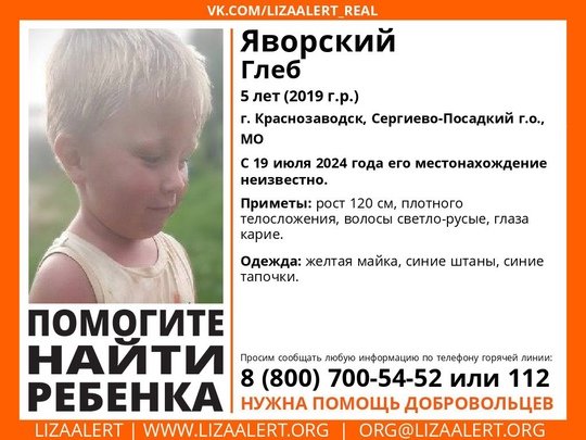 Внимание! Помогите найти ребенка!
Пропал #Яворский Глеб, 5 лет, г